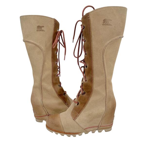 Sorel Cate The Great Wedge Tall Leather Laced Boots Crouton Sanguine Tan Size 7 - Picture 1 of 16